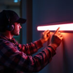 A photograph of a lighting contractor installing or showcasing vibrant led strip lights in a residential or commercial setting