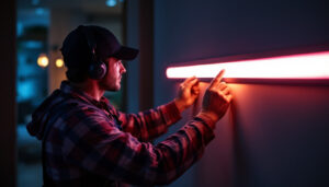 A photograph of a lighting contractor installing or showcasing vibrant led strip lights in a residential or commercial setting