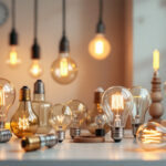 A photograph of a stylish arrangement of various decorative lightbulbs in different shapes