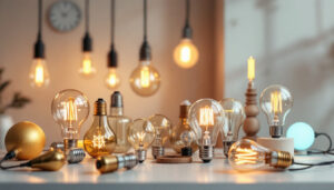 A photograph of a stylish arrangement of various decorative lightbulbs in different shapes