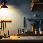 A photograph of a well-lit workspace featuring a wall-mounted shop light illuminating a variety of tools and materials