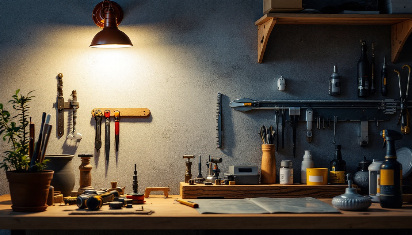 A photograph of a well-lit workspace featuring a wall-mounted shop light illuminating a variety of tools and materials