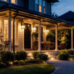A photograph of a beautifully lit outdoor porch showcasing elegant solar lights in a serene evening setting