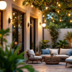 A photograph of a beautifully lit outdoor space featuring stylish gooseneck lights illuminating a cozy seating area