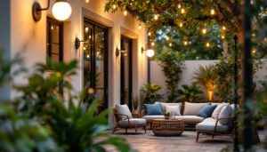 A photograph of a beautifully lit outdoor space featuring stylish gooseneck lights illuminating a cozy seating area