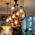 A photograph of a skilled lighting contractor installing or showcasing a variety of 6 light led fixtures in a modern residential setting