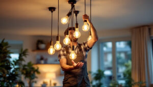A photograph of a skilled lighting contractor installing or showcasing a variety of 6 light led fixtures in a modern residential setting
