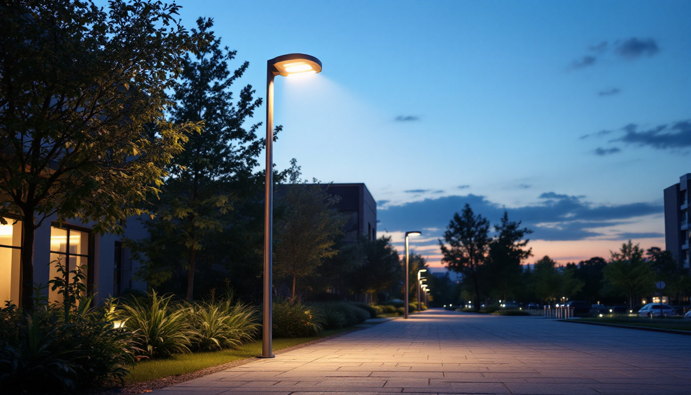 A photograph of a well-lit outdoor scene featuring a modern led pole light illuminating a pathway or public space