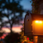 A photograph of a beautifully illuminated mailbox at dusk