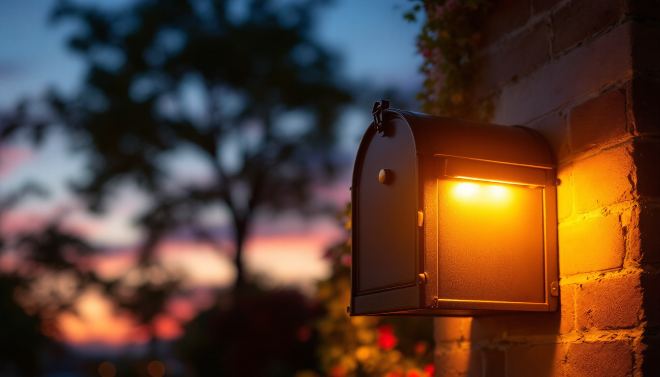 A photograph of a beautifully illuminated mailbox at dusk
