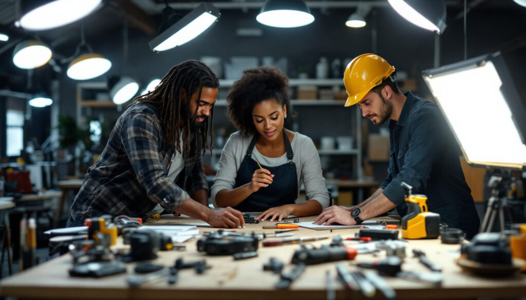 A photograph of capture a photograph of a diverse group of lighting contractors collaborating on a project