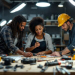 A photograph of capture a photograph of a diverse group of lighting contractors collaborating on a project