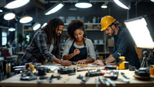A photograph of capture a photograph of a diverse group of lighting contractors collaborating on a project