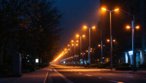 A photograph of a well-lit urban street scene featuring modern street pole lights illuminating the area