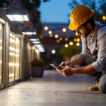 A photograph of a well-lit outdoor or commercial space showcasing led shoebox lights in action