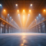A photograph of a modern industrial space illuminated by high bay led lights