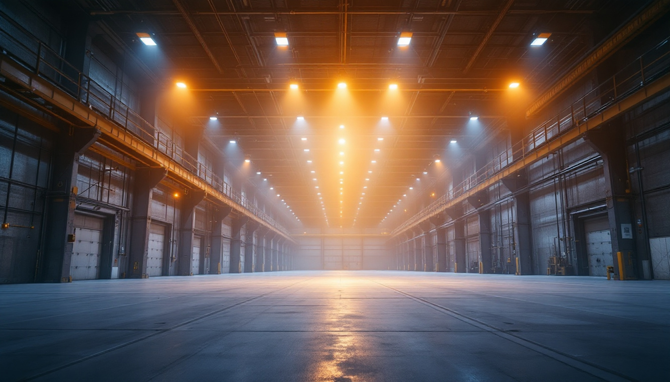 A photograph of a modern industrial space illuminated by high bay led lights