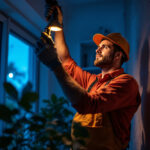 A photograph of a lighting contractor skillfully installing utility lights in a residential or commercial space