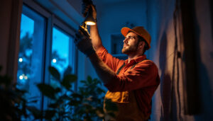 A photograph of a lighting contractor skillfully installing utility lights in a residential or commercial space