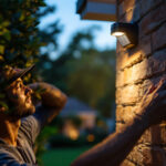 A photograph of a skilled lighting contractor installing an outdoor motion sensor light fixture in a residential setting