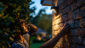 A photograph of a skilled lighting contractor installing an outdoor motion sensor light fixture in a residential setting