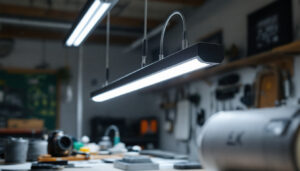 A photograph of a well-lit workspace featuring modern fluorescent shop lights