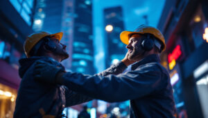 A photograph of a skilled lighting contractor expertly installing or adjusting commercial outdoor led lighting in a vibrant urban setting