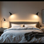 A photograph of a well-designed bedroom featuring various types of lighting