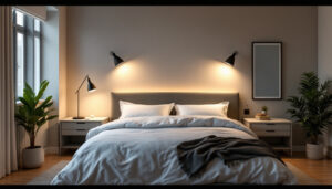A photograph of a well-designed bedroom featuring various types of lighting