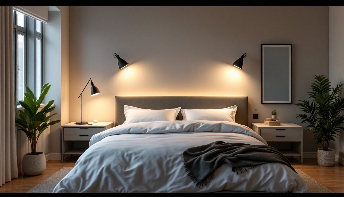 A photograph of a well-designed bedroom featuring various types of lighting