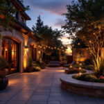 A photograph of a beautifully illuminated outdoor space featuring led dusk-to-dawn lighting