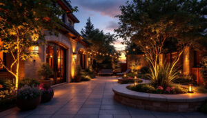 A photograph of a beautifully illuminated outdoor space featuring led dusk-to-dawn lighting