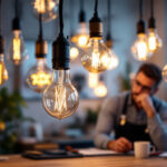 A photograph of a well-lit workspace featuring various decorative light bulbs in different styles and colors