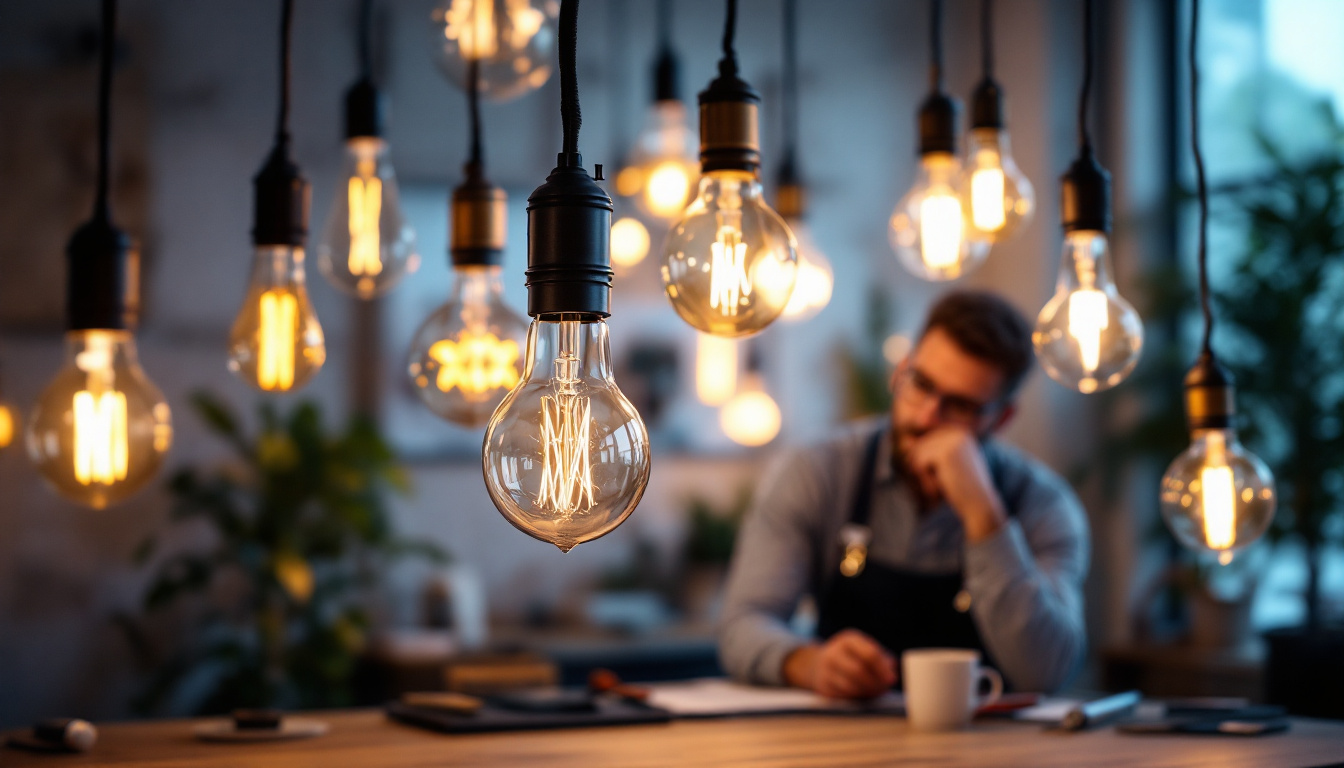 A photograph of a well-lit workspace featuring various decorative light bulbs in different styles and colors