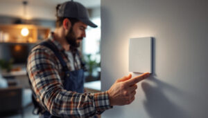 A photograph of a lighting contractor installing a modern light switch timer in a stylish home setting