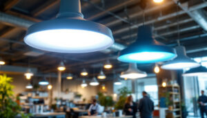 A photograph of a well-lit commercial space showcasing various led shop light fixtures in use