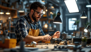 A photograph of a modern lighting contractor in a well-lit workspace