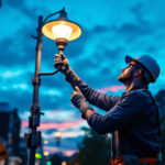 A photograph of a skilled lighting contractor installing or adjusting commercial led outdoor lights in a vibrant urban setting