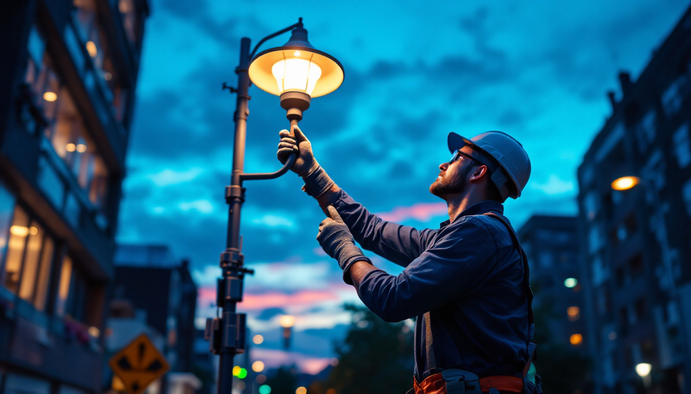 A photograph of a skilled lighting contractor installing or adjusting commercial led outdoor lights in a vibrant urban setting