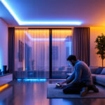 A photograph of a lighting contractor installing vibrant 4-foot led strip lights in a modern residential or commercial space