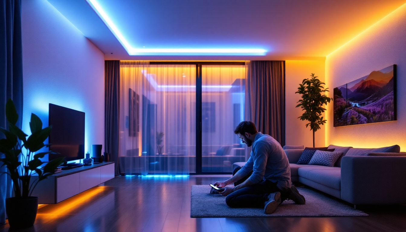 A photograph of a lighting contractor installing vibrant 4-foot led strip lights in a modern residential or commercial space