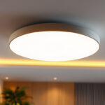 A photograph of a modern ceiling flat led light fixture installed in a stylish