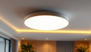 A photograph of a modern ceiling flat led light fixture installed in a stylish