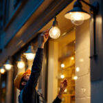 A photograph of a well-lit commercial exterior featuring various stylish light fixtures that highlight their functionality and aesthetic appeal
