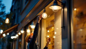 A photograph of a well-lit commercial exterior featuring various stylish light fixtures that highlight their functionality and aesthetic appeal