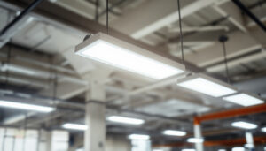 A photograph of a modern low bay led lighting installation in an industrial or commercial setting