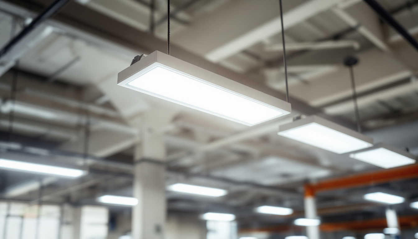 A photograph of a modern low bay led lighting installation in an industrial or commercial setting