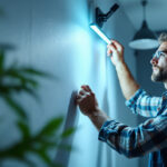 A photograph of a lighting contractor installing or showcasing a vibrant 4' led strip light in a modern setting