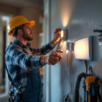 A photograph of a lighting contractor installing a motion sensor switch in a residential setting