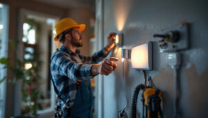 A photograph of a lighting contractor installing a motion sensor switch in a residential setting